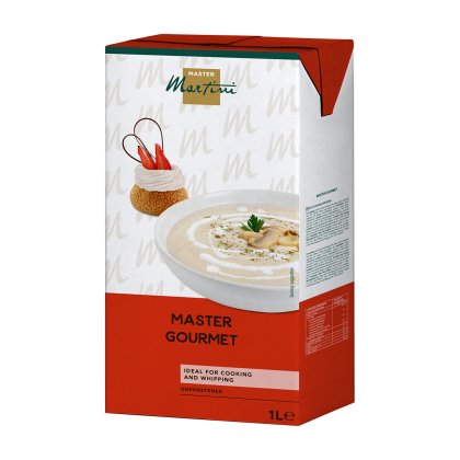 1公升裝 Master Martini Master Gourmet 無糖烹飪奶油，搭配濃湯與甜點展示