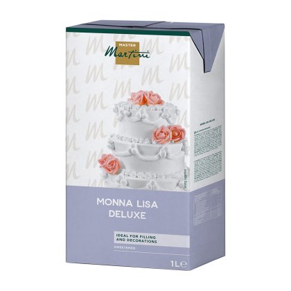 1公升裝 Master Martini Monna Lisa Deluxe 加糖淋醬，包裝印有粉色玫瑰白色多層蛋糕圖案。