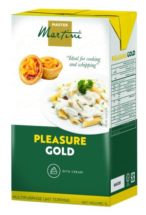 Master Martini Pleasure Gold UHT鮮奶油澆頭紙盒，1公升，包裝印有葡式蛋塔與奶油義大利麵圖案。