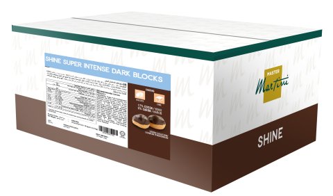 Master Martini Shine Super Intense Dark Blocks 包裝盒，附巧克力塗層圖示與兩個光澤甜甜圈圖片